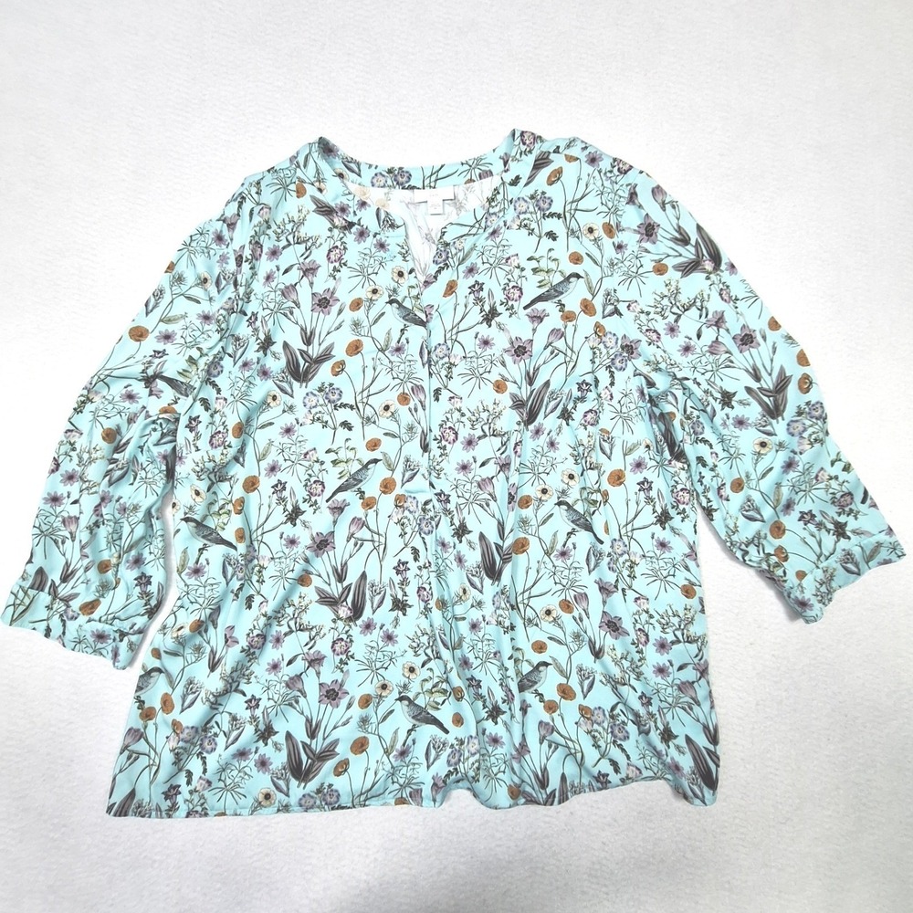 J.‎ Jill Blouse Womens 2X Blue Floral Bird Botanical Split Neck Tunic Top Boho